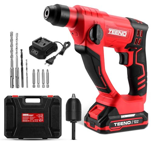 TEENO Marteau Perforateur Sans fi,Livrée avec une batterie et chargeur,Force de Fappe de 1,2J,Capacité de perçage du béton de 14 mm (1 batterie)