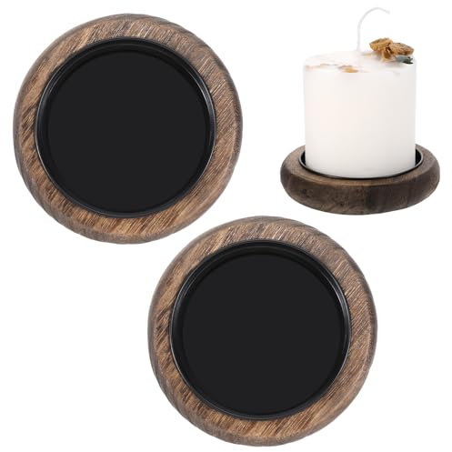 Candle Plate Holder Tray Set of 2 Round Wooden Plate with Iron Round Coasters Butler Decorative Tray Vintage Centerpiece Candle Holder for Pillar Scented Flameless Ball Candles Home Table Decor