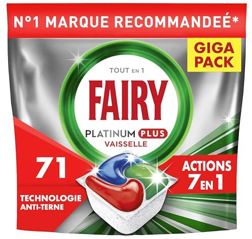 Fairy Platinum Plus Tablettes Lave-Vaisselle Tout En 1 Regular, 71 Capsules, Technologie Anti-terne, Redonne l'Éclat, Prévient le Calcaire, Efficace en Cycles Courts