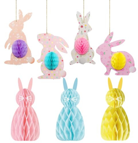 7er Pack Waben-Osterhasen, wiederverwendbare Osterdeko, Osterhasen-Deko aus Wabenpapier, fertig zum Aufhängen, modern/Frühlingsdeko/Partydeko