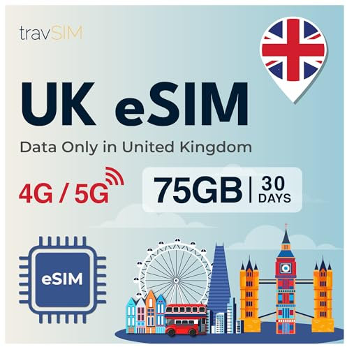 travSIM eSIM UK | 75GB Daten SIM - 30 Tage planlaufzeit | eSIM UK bietet unbegrenzten Internetzugang für Google, Facebook, Whatsapp, Instagram und mehr