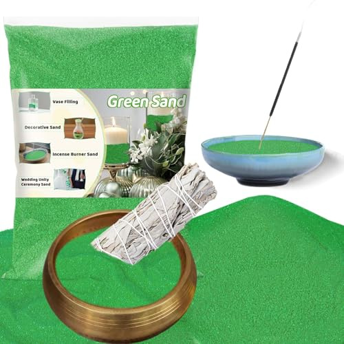 RAINFLOW 15 OZ Fine Green Sand for Crafts - Colored Quartz Zen Garden Sand Decorative for Vases Filler, Wedding Unity Ceremony, Incense Burner, Ritual Incense