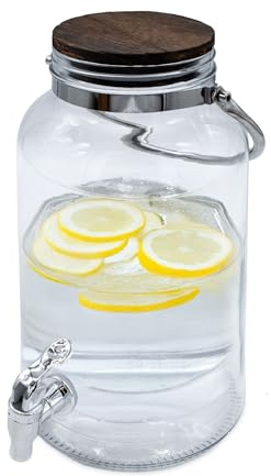 Distributeur de boisson avec robinet et couvercle en bois hermétique – 6 litres – Distributeur d'eau en verre avec poignée de transport en métal – Distributeur d'eau, de jus, de soda, de boissons