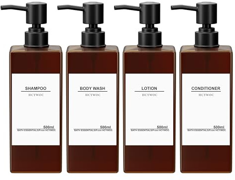 HCYWOC 4 Pcs Shampoo and Conditioner Dispenser, 500ml, 16 Waterproof Labels | Soap Dispenser Bathroom, Refillable Hand Soap Dispenser, Pump Bottle Dispenser with Funnel, Amber