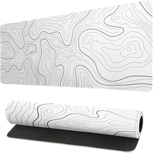 Gaming Mouse Pad, Topographic Large Mouse Pad, Keyboard 600x300x3mm for Non-Slip Base and Stitched Edges, Extended Desk Pad, XL Desk Pad (White)