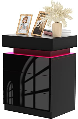 Supfine LED Nachttisch mit 3 Schubladen, Offene Fächer, 16 Farben RGB Beleuchtung, 61 cm Höhe, Kunstmarmor-Platte (Schwarz)