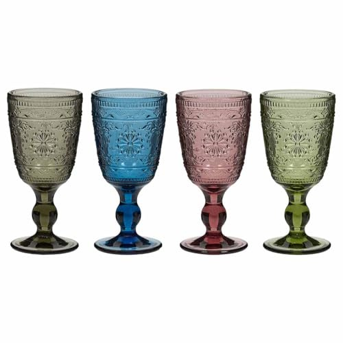 Dibor Drinking Glasses Set of 4 Assorted Dishwasher Safe Wine Glasses | Dishwasher Safe, Embossed, Wine Goblet, Wine Glass, Coloured Glass, Glassware Set