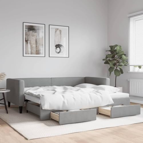Hommdiy 2 in1-Bettsofa Tagesbett Ausziehbar Schlafsofa Gästebett für Schlafzimmer Wohnzimmer Ausziehbar mit Schubladen Hellgrau 90x200 cm Stoff