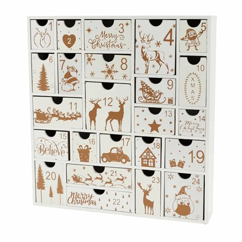2025 Adventskalender Holz Weihnachten Adventskalender mit 24 Schubladen Countdown bis Weihnachten Nachfüllbar Holz (Weiß, 32x30x6,5cm)