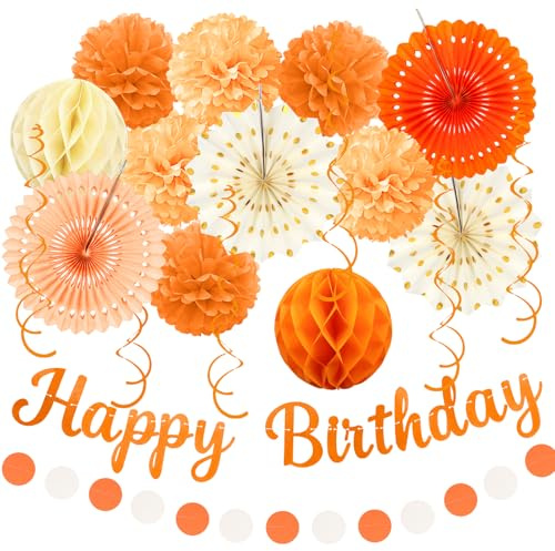 Recosis Geburtstagsdeko, 20 Stück Orange Beige Geburtstag Party Deko, Happy Birthday Girlande Papier Wabenbälle Pompons Laterne Spiralen - Kindergeburtstag Deko, Geburtstagsdeko Frauen