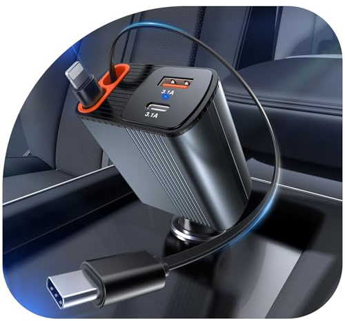 2026 Upgraded 4 in 1 Retractable Car Charger, 80W Fast Cigarette Lighter USB Charger with 2.6ft Two Retractable Cables,USB C Car Charger Adapter for iPhone 17 16 15, iPad,Android,Galaxy, Pixel