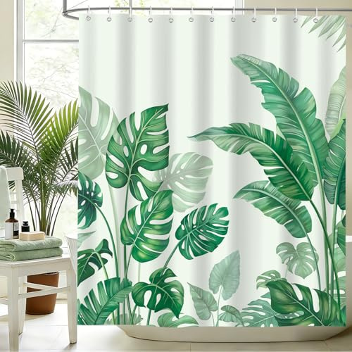 hometrixx Cortina de Ducha Verano Tropical Hojas Palm Planta 180x200 Verde | Impermeable Poliéster, Antimoho, Secado Rápido, Antiarrugas, Cortina Bañera con 12 Ganchos, Lavable a Máquina para Bañera