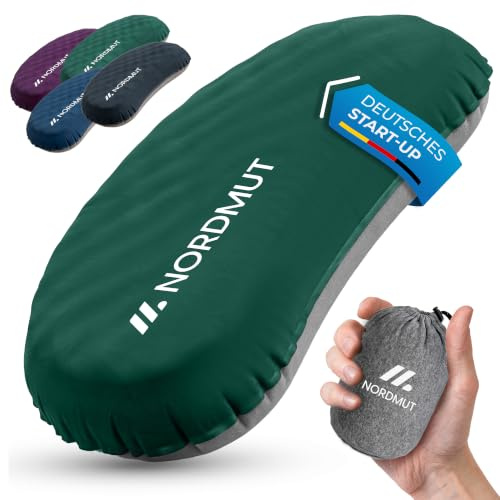 NORDMUT® Campingkissen aufblasbar [SoftSleep+] Komfortables Kissen Ultraleicht mit kleinem Packmaß – Reisekissen aufblasbar inkl. waschbarem Kissenbezug (Grün)