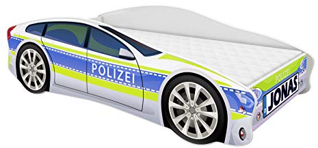 ACMA Kinderbett Auto-Bett Polizei mit Rausfallschutz, Lattenrost und Matratze (Polizei 1, 160x80 cm + Name)