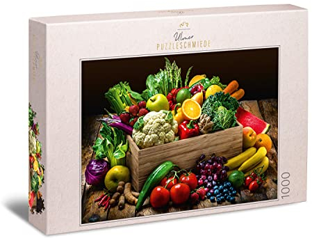 Ulmer Puzzleschmiede - Puzzle „Reiche Ernte“ - Klassisches 1000 Teile Puzzle aus der Küche – Puzzlemotiv Bunte Obst-Kiste mit heimischen und exotischen Früchten und Gemüse