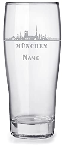 Bierglas mit Gravur und Name personalisiert, 0,3l - Motiv Stadt München Skyline, tolles Geschenk