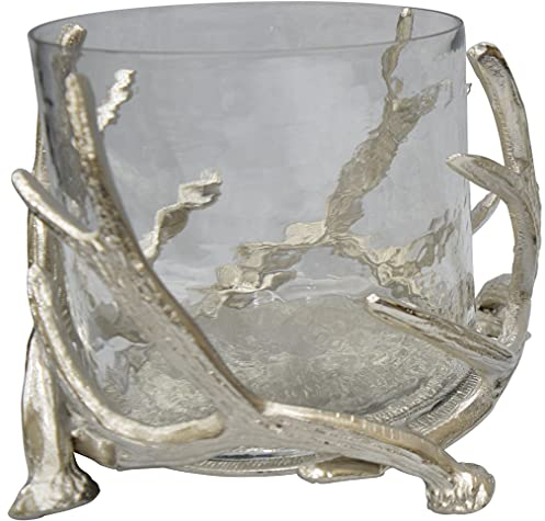 CHICCIE Kerzenhalter Metall Hirschgeweih Silber mit Glas 21cm - Windlicht