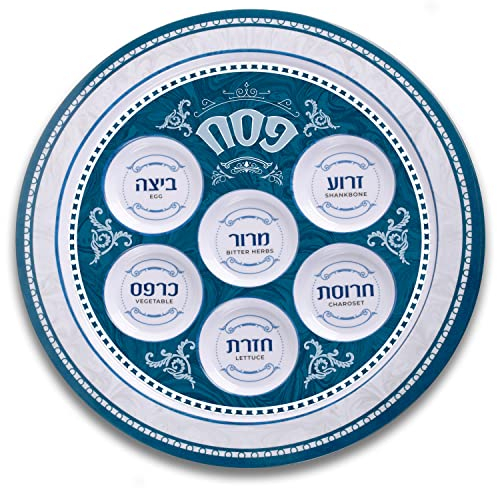 Ner Mitzvah Melamine 12 Passover Seder Plate - Blue and White Marble Design