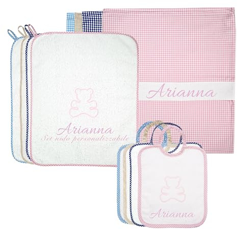 Coccole - Set Asilo Nido Personalizzato con Bavaglino, Sacca e Asciugamano - 3pz per bimba con Tema Cuore Rosa - Cotone 100% Made in Italy