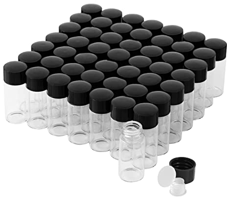 Cadbibe Lot de 50 flacons en verre transparent de 10 ml avec bouchon à vis et bouchons en plastique - Petites bouteilles en verre anti-fuite pour liquides, échantillons et petits objets