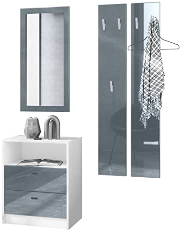 Vladon Garderobe Pino V1, Made in Germany, Garderobenset bestehend aus 1 Kommode, 1 Wandspiegel und 2 Garderobenpaneele, Weiß matt/Grau Hochglanz (ca. 130 x 185 x 36 cm)