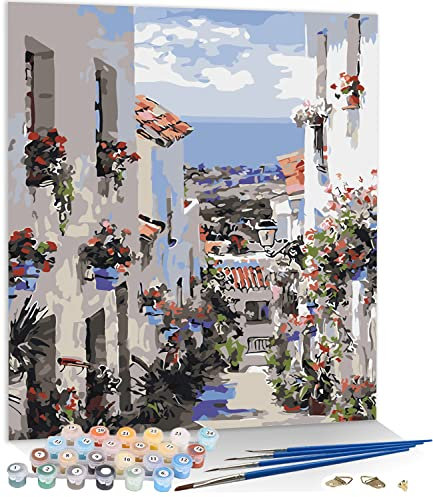 KAMIERFA Peinture par Numero Adulte,Petite ville,Kit de Peinture à l'huile sur Toile Bricolage pour Enfant sans Cadre 40X50CM