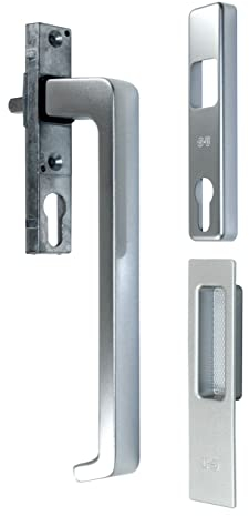 SN-TEC GU Schiebetür Drehgriff DIRIGENT 934/937 mit Profilzylinder Lochung innen (9-29519 01B 6432) mit Unterbau 6432, Links und Rechts verwendbar, Silber, mit Griffmuschel aussen