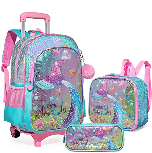 HTgroce Transparente Mochila Trolley Sirena para Niña 4/8 Años Infantil con Ruedas para Escuela Educación Preescolar Escuela Primaria y Viajes