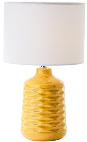 Lightbox gelbe Keramik Tischlampe mit weißem Stoff-Schirm - dekorative Tischleuchte mit Schnurzwischenschalter - 42 cm Höhe & 25 cm Durchmesser - E14 Fassung max. 40 W - aus Keramik/Metall/Textil
