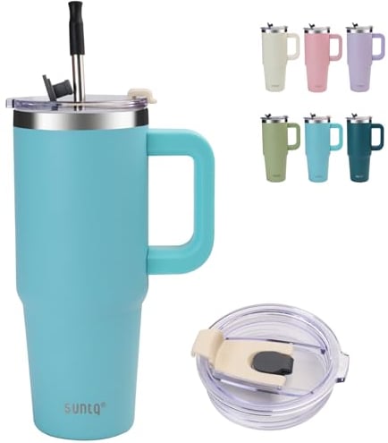 SUNTQ 30oz Mug Isotherme avec Paille et Poigné - Gobelet Paille de Bureau et Voiture en Acier inoxydable, Élégant et Durable - Gobelet Isotherme pour les boissons chaudes et froides(Bleu pâle)
