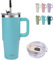 SUNTQ 850ml/30oz Tumbler mit Griff, Doppelwandige Vakuum Isolierte Wasserflasche mit Stroh und Deckel, Edelstahl Reise Kaffeebecher, Thermische Tasse für Getränke, Fit in Becherhalter(Hellblau)