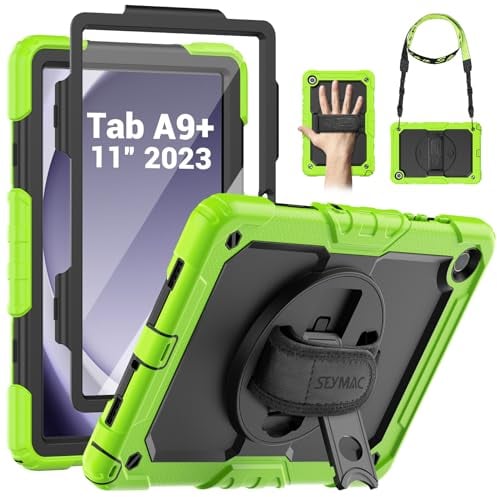 SEYMAC Case for Samsung Galaxy Tab A9 Plus 11 inch 2023, Shockproof Protective Galaxy A9 Plus Tablet Case With Screen Protector/Hand Strap/Rotating Stand,SM-X210/SM-X216/SM-X218 Case, Green