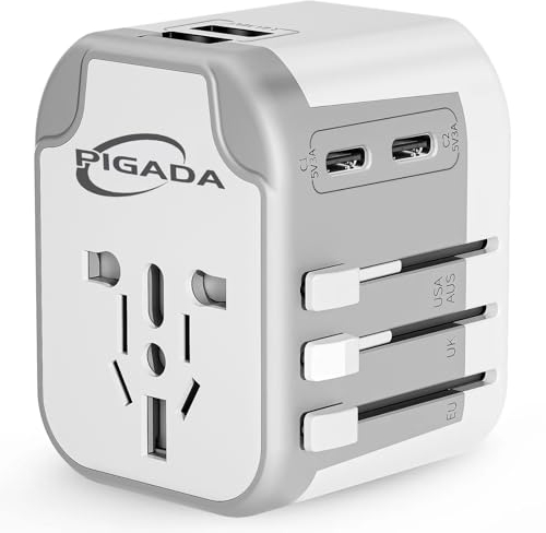 Universal Reiseadapter mit 2USB und 2 USB C,PIGADA TA01 Internationaler Steckdosenadapter, Reisestecker Adapter Weltweit für Deutschland USA England Thailand Italien Australien