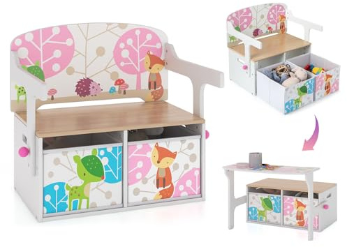 GOPLUS 3 in 1 Kinderbank, Kindersitzbank mit eingebauten Armlehnen & 2 herausnehmbaren Stoffkörben, Spielzeugtruhe Spielzeugkiste für Spielzimmer, Kinderzimmer & Kindergärten(Weiß)