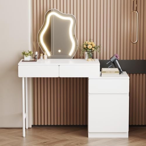 Rebongki Dressing Table, LED Lights Vanity Desk with Cloud-Shaped Mirror & 3 Adjustable Lighting Modes, Modern Vanity Table with 3 Drawers & Large Movable Storage Cabinet for Bedroom, White