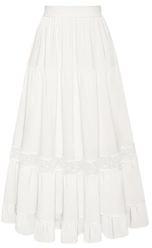Damen Sommer Rüschenrock Boho Flowy Swing A Linie Maxi Rock Weiß S