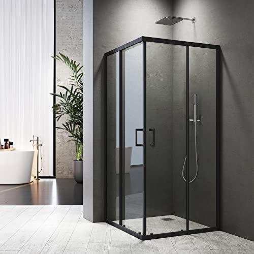 Baode Duschkabine Eckeinstieg 90x90 cm Doppel Schiebetür Duschabtrennung aus 6mm ESG Glas, Höhe 185cm Duschtür(Schwarz)