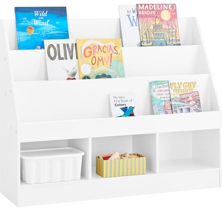 SoBuy Kinder Bücherregal Montessori 100x80x30 cm für Kinderzimmer | Regal mit 3 Fächern & 3 Ablagen für Bücher & Spielzeug, Kippschutz, Weiß KMB118-W