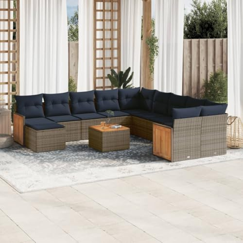 Qnhdfrt Ensemble de canapé de jardin 12 pièces en polyrotin gris, 55 x 55 cm, avec table en bois d'acacia résistant aux UV, groupe de sièges modulaires d'extérieur pour balcon, terrasse et jardin