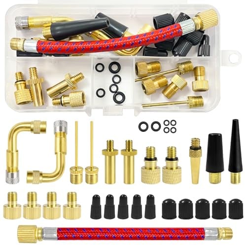Klerbesh 32 Pièces Embout Pompe Vélo, Adaptateur Valve Presta vers Schrader DV SV AV, Kit de Gonflage Universel pour Compresseur et Voiture, avec Aiguille Ballon et Boîte de Rangement (32 Pcs)