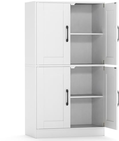 TANGZON Tall Kitchen Cupboard, 4-Tier Tall Storage Cabinet with 4 Doors & 2 Adjustable Shelves, Freestanding Wooden Sideboard Unit for Pantry Dining Living Room (60 x 30 x 110cm, White)