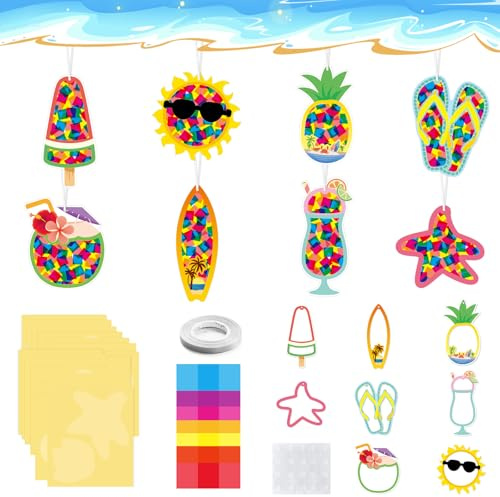 Kaluofan Bastelset Sommer Kinder,16 Stück Eiscreme Fensterbilder Basteln | Sommerliche Bastelsets Farben,DIY Fensterbilder Fensterdeko Bastelset mit Kleine Sonn,4 Farben Konfetti