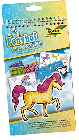 folia 41101 - Schablonenbuch Ponyhof, Block mit 36 Malvorlagen, 5 Schablonen und 3 Stickerbögen - ideal für Mädchen
