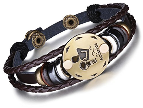 Unendlich U Punk Modisch 12 Sternbilder Sternzeichen Herren Damen Charm Armband Geflochten Leder Legierung Multilayer Braun Armreifen, Wassermann(Aquarius)