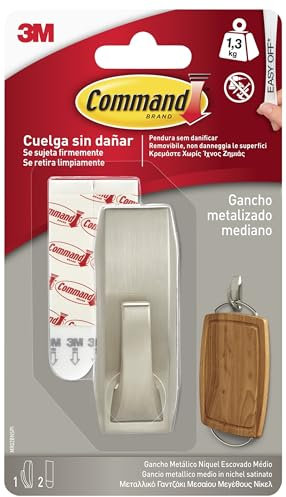 Command Gancho Metálico de color Níquel Pulido - 1 Gancho Metálico y 2 Tiras Adhesivas - Colgador de Bolsos, Ropa y otros Accesorios en Pared o Puerta - Sin Agujeros - Soporta hasta 1,3 kg