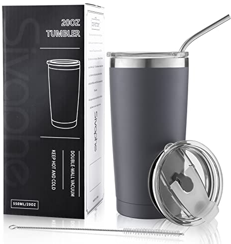 Sivaphe Tumbler Stainless Steel with Straw and Lid, Travel Mug, Reusable Coffee Cup, Men Gifts, Double Wall Insulated Vacuum 20OZ Grey