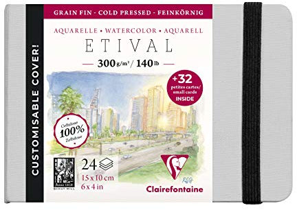 Clairefontaine 975444C - Skizzenbuch mit Fadenbindung Etival feine Körnung, 24 Blatt Zeichenpapier 10x15 cm 300g + 32 Visitenkarten mikroperforiert