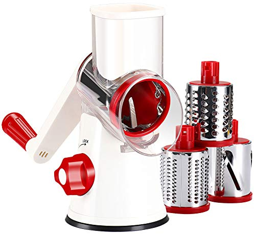 Ourokhome Cheese Grater Vegetable Slicer - Rotary Round Drum Grater Chopper with 3 Stainless Steel Drums Strong Suction Base