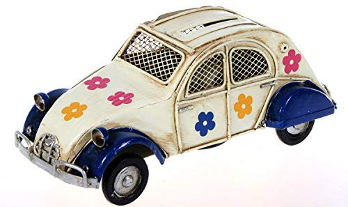 Metallauto geblümt dunkel blau beige 16 cm als Spardose Auto Metall PKW Oldtimer Ente Nostalgie Citroen 2CV