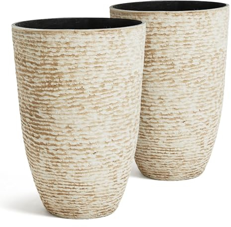 Worth 9 Gallon Tall Round Planters Set of 2-14 Dia x 21 H Stone Finish Flower Pots Indoor Decorative Container Garden Patio Unbreakable Beige